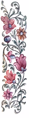 Bandă florală pictată vertical, cu flori roz și roșii și accente albastre pe tulpini în volute.