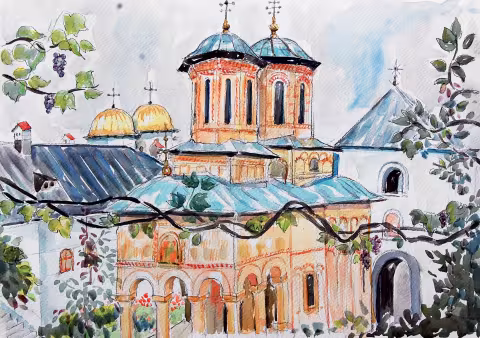 Acuarelă cu o biserică mănăstirească cu turle, văzută printre frunze de viță-de-vie, în culori vii.