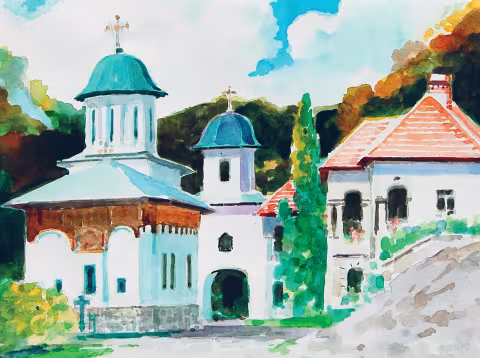 Acuarelă cu o biserică mănăstirească cu turle verzi și o poartă, pe o coastă de deal, în culori vii.