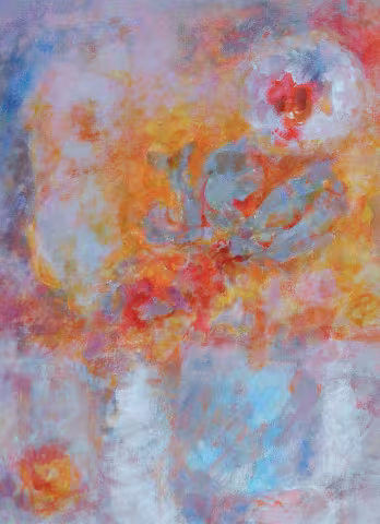 Pictură abstractă în tonuri calde pastelate — portocaliu, albastru și roz — cu o formă florală sugerată, în manieră difuză.
