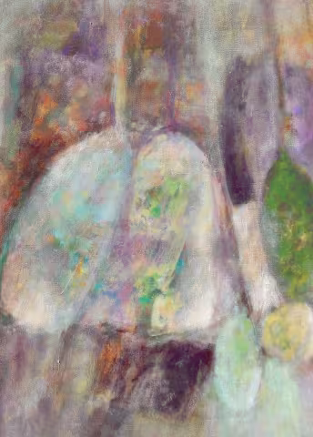 Pictură abstractă texturată, în tonuri calde de portocaliu, ocru, verde și alb, cu forme organice.