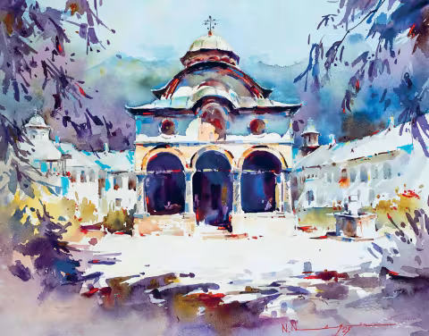 Acuarelă cu o biserică ortodoxă cu o cupolă centrală mare și un pridvor cu arcade, văzută printre frunzișul copacilor, în albastru viu și tonuri calde.