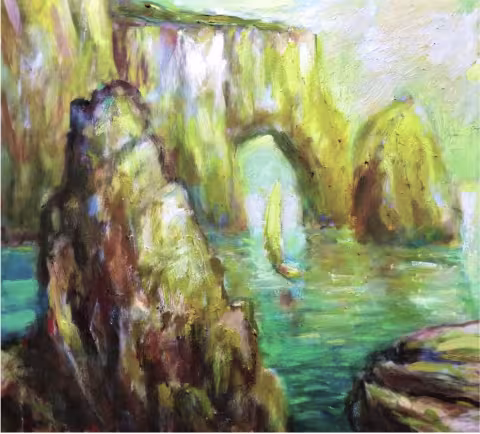 Pictură în ulei, luminoasă: o arcadă de stâncă deasupra mării, cu o mică barcă cu pânze, în tonuri verzi-aurii.
