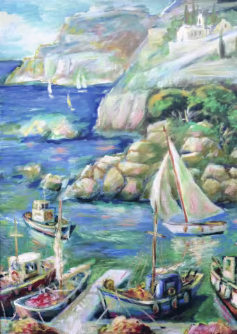 Pictură în ulei a unui port mediteranean cu bărci de pescuit și o barcă cu pânze, cu o biserică albă pe o faleză verde.